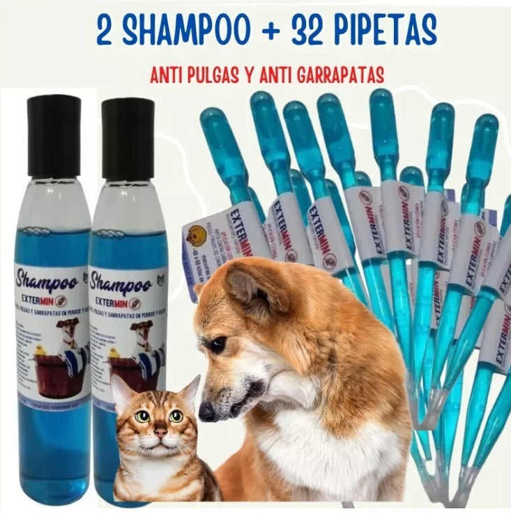 2 Shampoo + 32 pipetas antipulgas extermin - Tienda de Mascotas | pipetas antipulgas anikill y extermin